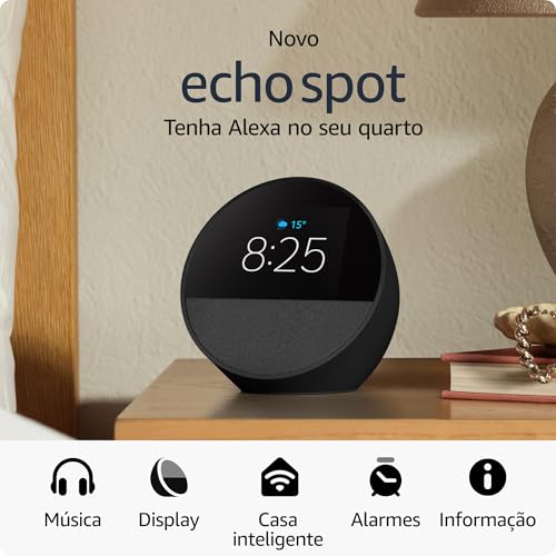 Novo Echo Spot com Alexa (2024) | Despertador inteligente com som vibrante | Cor Preta