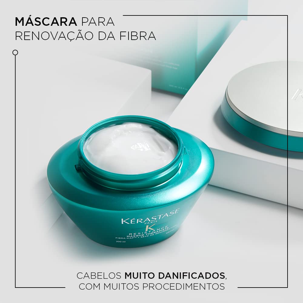 Kérastase Máscara Resistance Masque Therapiste, Cabelos danificados ou quebradiços, Reconstrução, Fibra-Kap®, Sève de Réssurrection, 200 g