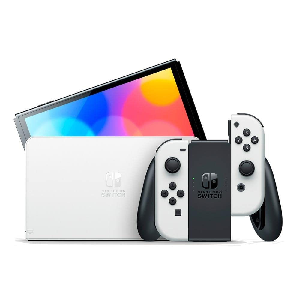 Nintendo, Console, Nintendo Switch OLED, Nacional, Portátil e Doméstico, Tela de 7 Polegadas, Bateria de até 9 Horas, 64GB de Armazenamento, Porta LAN Integrada, Áudio Aprimorado, Inclui Joy-Con com Suporte e Alças, Branco