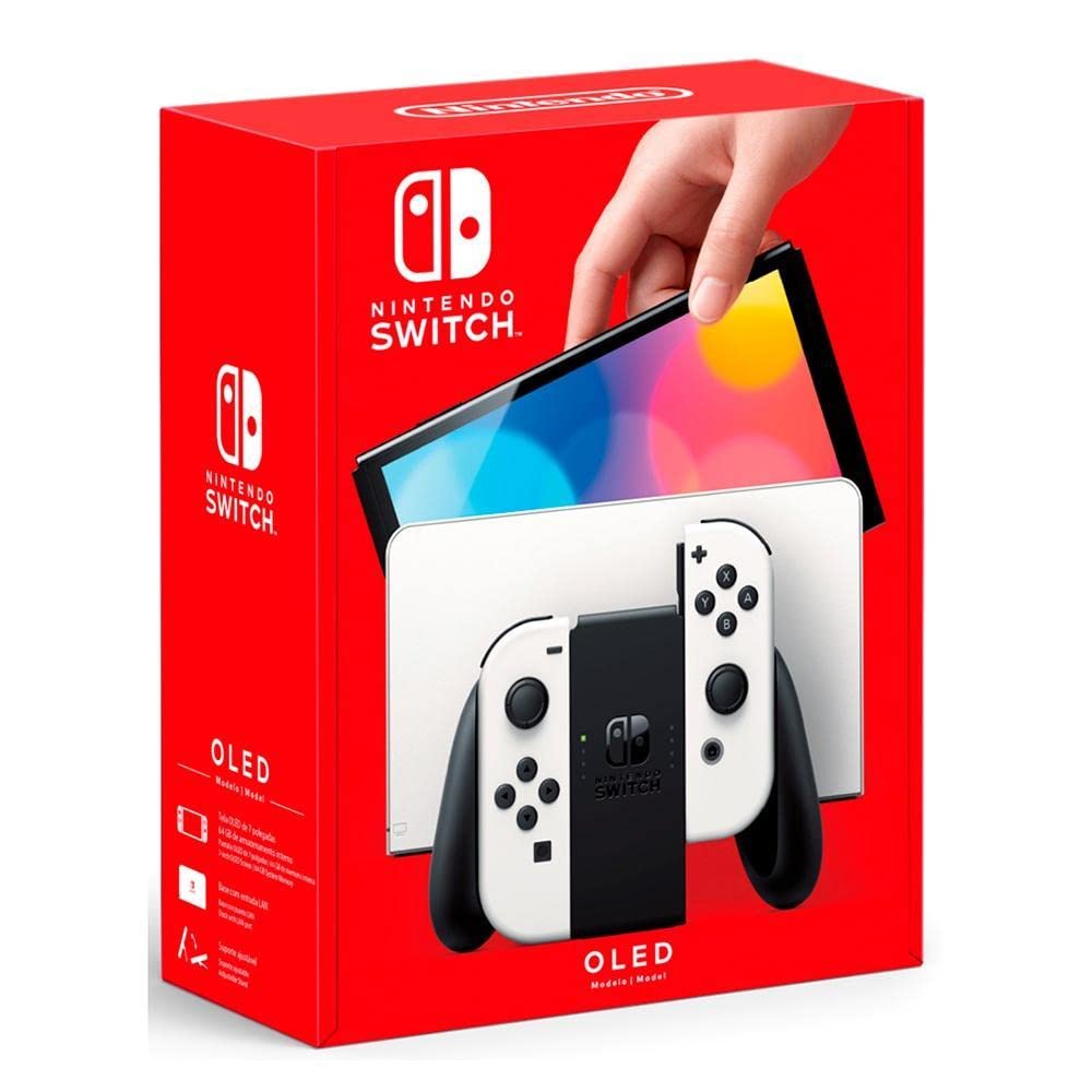 Nintendo, Console, Nintendo Switch OLED, Nacional, Portátil e Doméstico, Tela de 7 Polegadas, Bateria de até 9 Horas, 64GB de Armazenamento, Porta LAN Integrada, Áudio Aprimorado, Inclui Joy-Con com Suporte e Alças, Branco