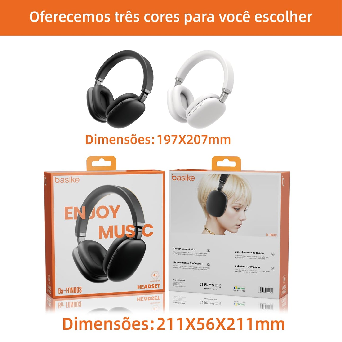 Basike Fones De Ouvido Sem Fio, Headphone Bluetooth on-ear com Microfone, ANC Cancelamento do Ruído, Até 30 Horas de Música, HQ001B (Branco)