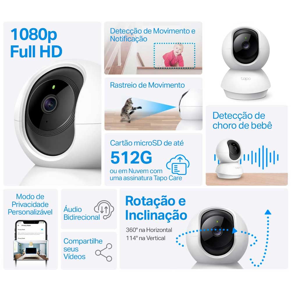 Camera de Segurança Wi-Fi 360º, 1080p Full HD TP-Link Tapo C200, Visão Noturna, Audio de duas vias, Detecção de Movimentos, Trabalha com Alexa, 512G de Armazenamento Local, Armazenamento na Nuvem