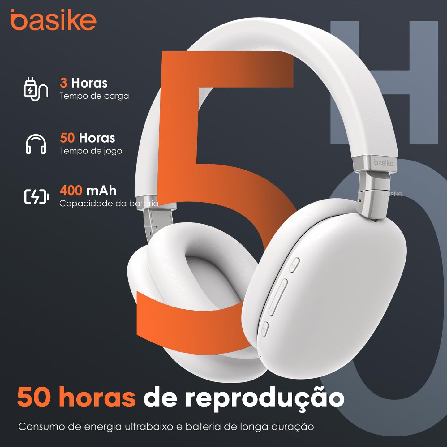 Basike Fones De Ouvido Sem Fio, Headphone Bluetooth on-ear com Microfone, ANC Cancelamento do Ruído, Até 30 Horas de Música, HQ001B (Branco)