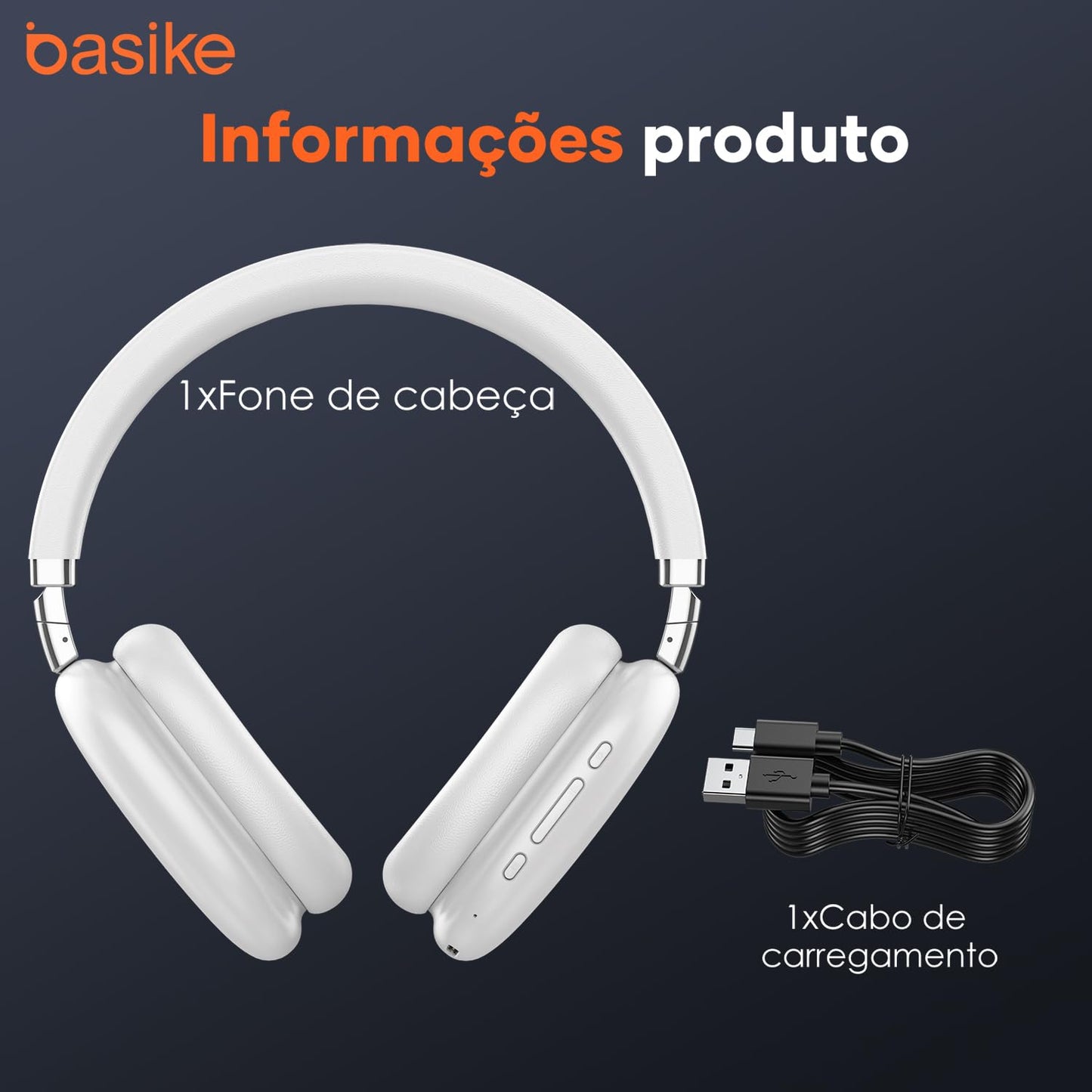 Basike Fones De Ouvido Sem Fio, Headphone Bluetooth on-ear com Microfone, ANC Cancelamento do Ruído, Até 30 Horas de Música, HQ001B (Branco)