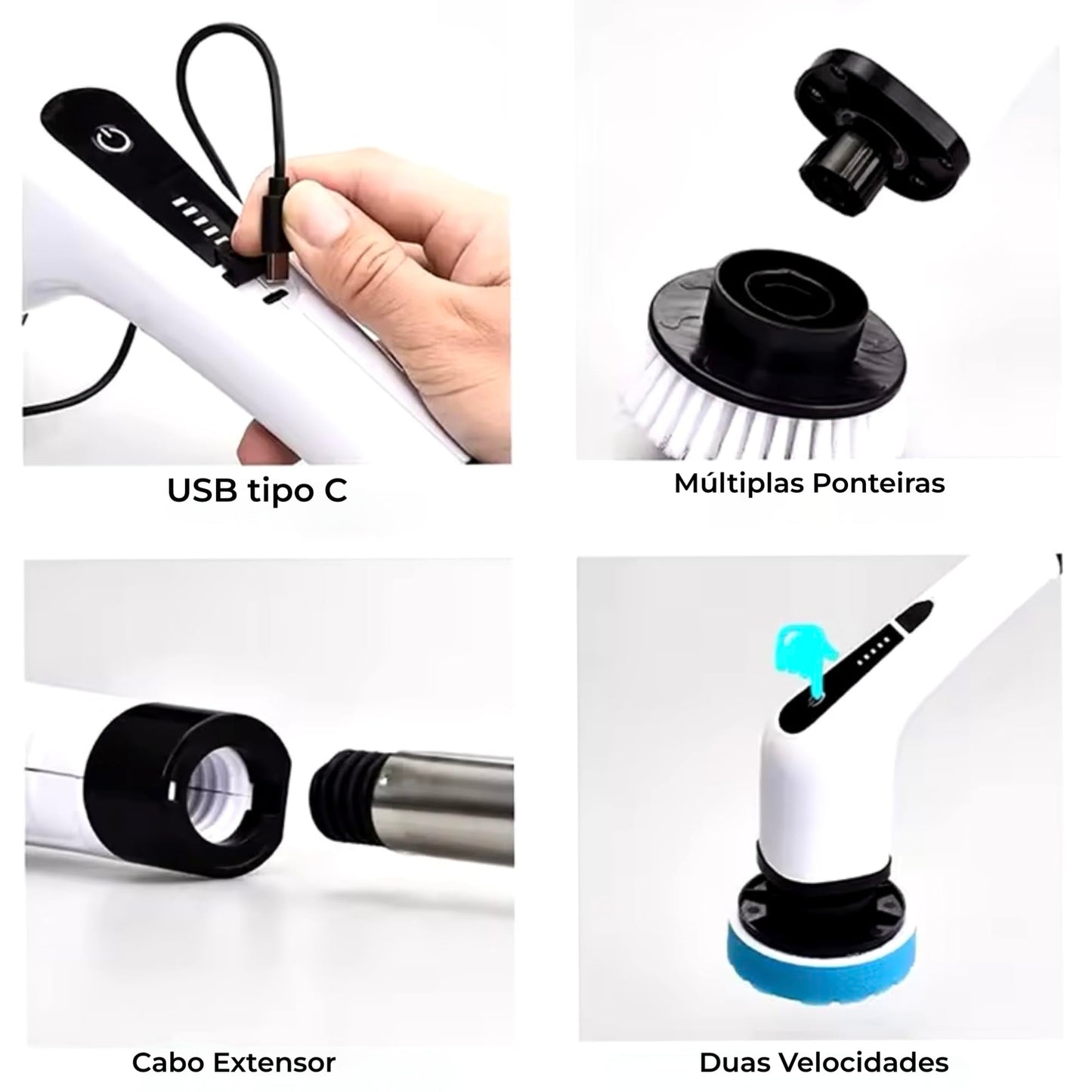 Escova De Limpeza Elétrica Para Casa Com Múltiplas Ponteiras Sem Fio Recarregável USB Com Cabo Extensor 2 Velocidades Esfregão Para Casa Banheiro Janelas Carro