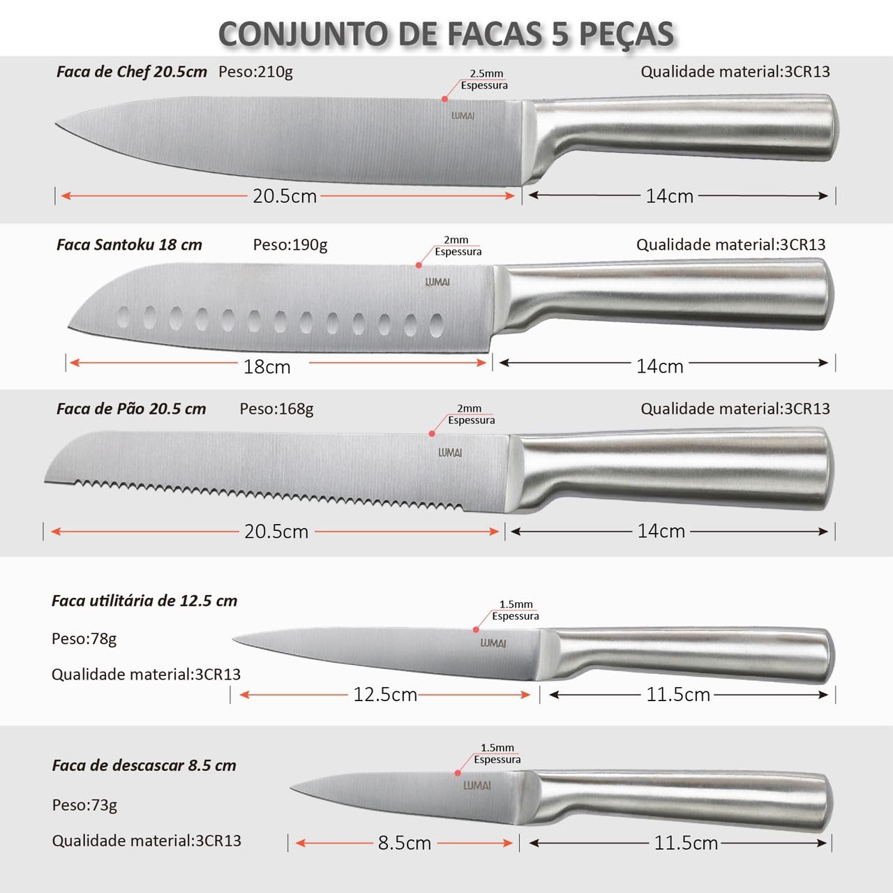 Conjunto Premium de 5 Facas Faqueiro Completo de Aço Inoxidável 3CR13 LUMAI