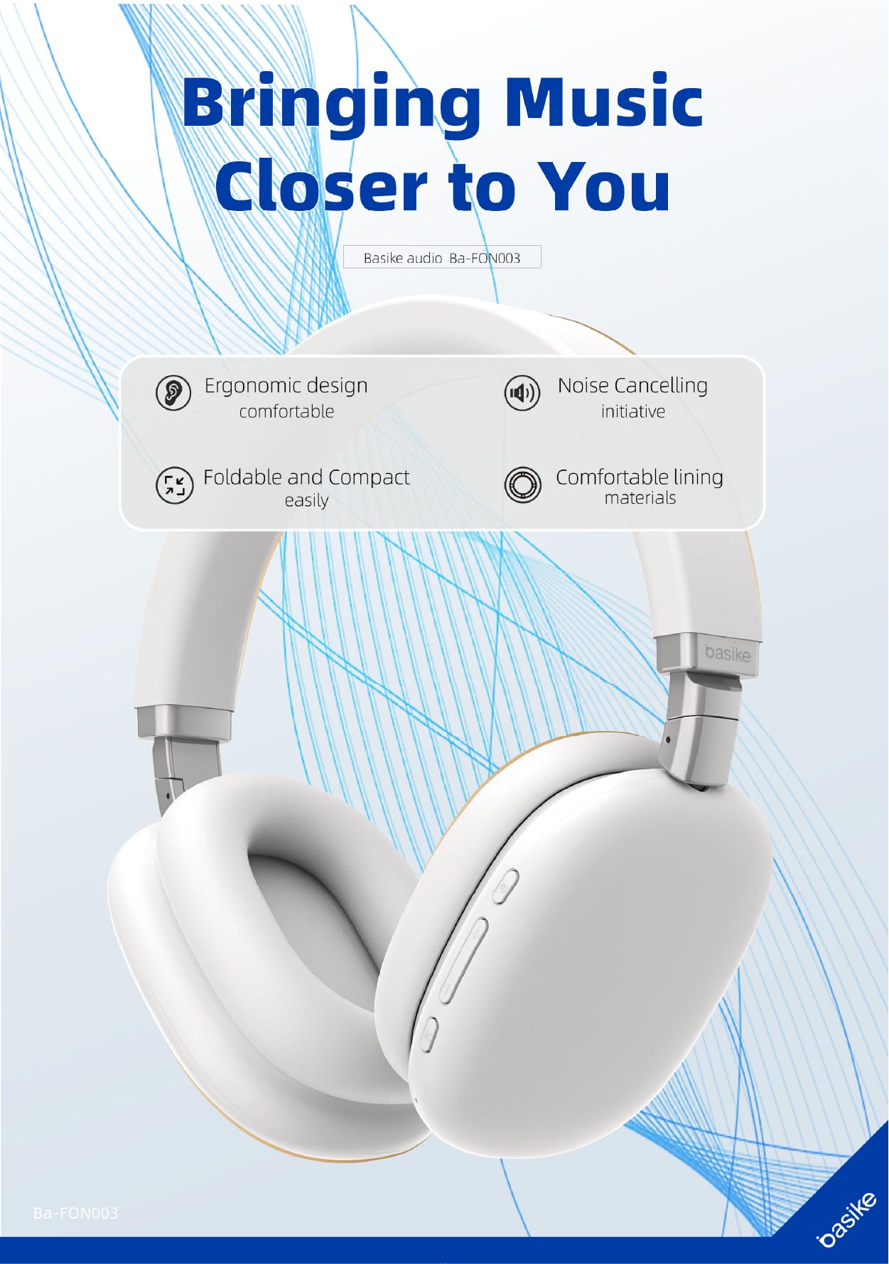 Basike Fones De Ouvido Sem Fio, Headphone Bluetooth on-ear com Microfone, ANC Cancelamento do Ruído, Até 30 Horas de Música, HQ001B (Branco)