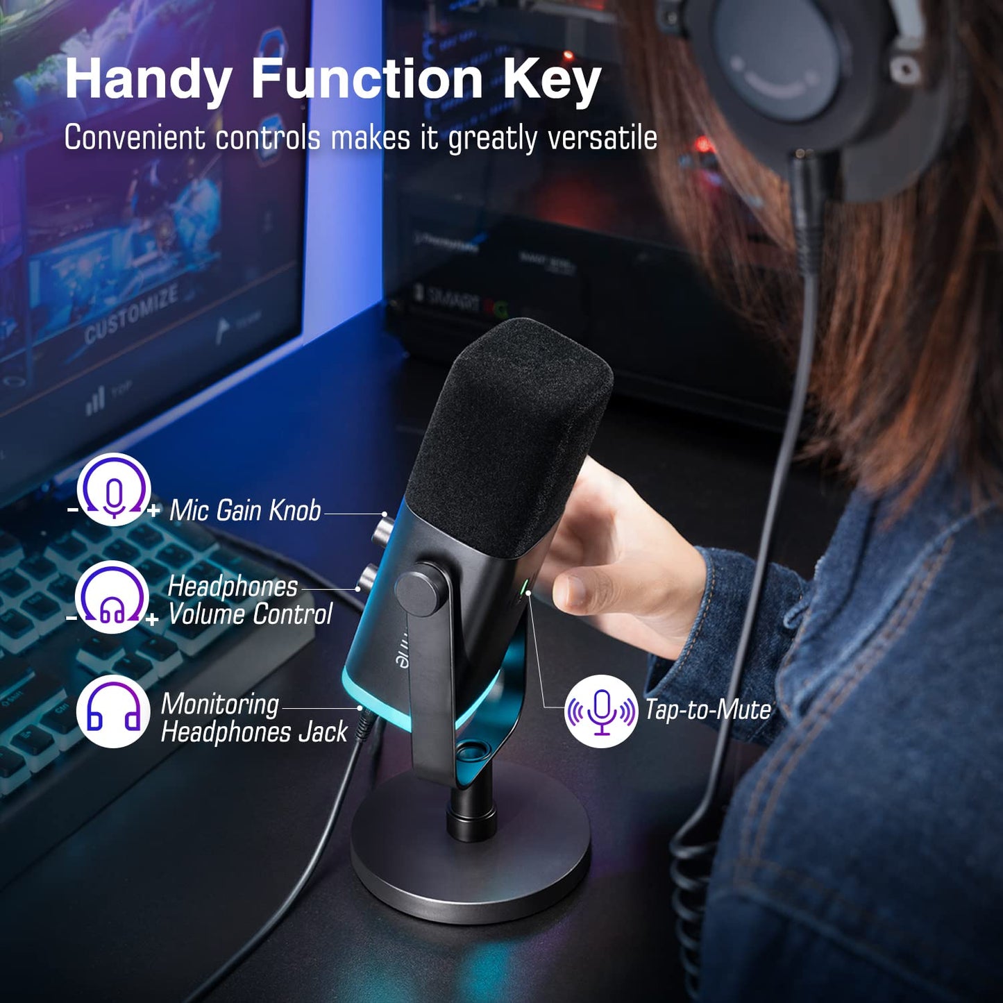 FIFINE Microfone dinâmico XLR/USB para gravação podcast,mic streaming para PC computador e jogos com luz RGB,botão mudo,conector para fones ouvido,suporte de mesa,mic vocal para YouTube-AM8 Preto