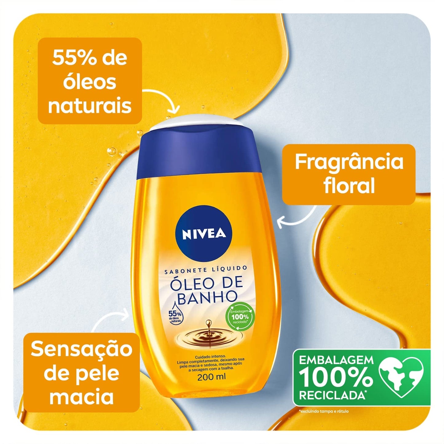 NIVEA Sabonete Líquido Óleo de Banho 200ml - Com 55% de óleos naturais, produz espuma cremosa e proporciona hidratação intensa, maciez e cuidado único com a pele