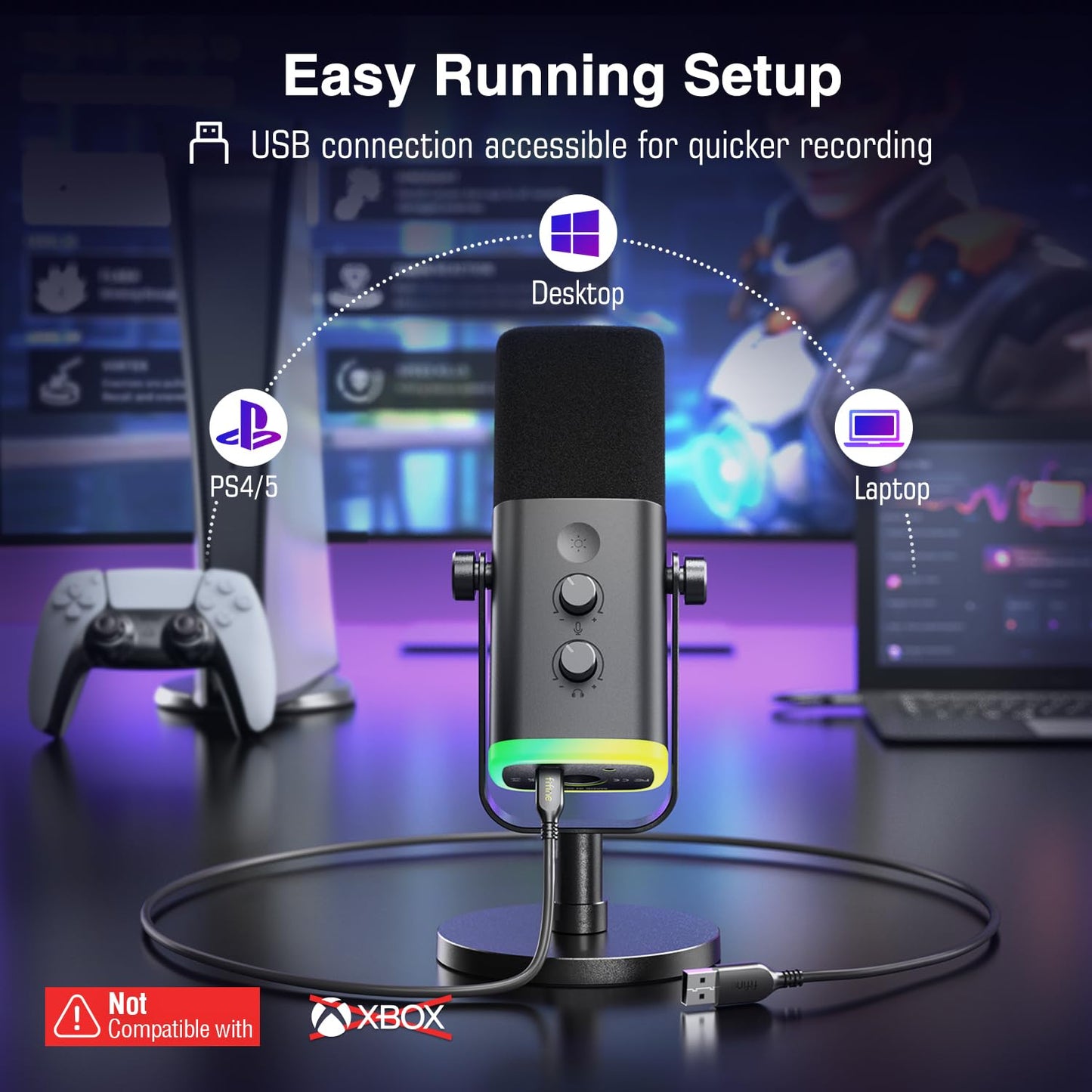 FIFINE Microfone dinâmico XLR/USB para gravação podcast,mic streaming para PC computador e jogos com luz RGB,botão mudo,conector para fones ouvido,suporte de mesa,mic vocal para YouTube-AM8 Preto