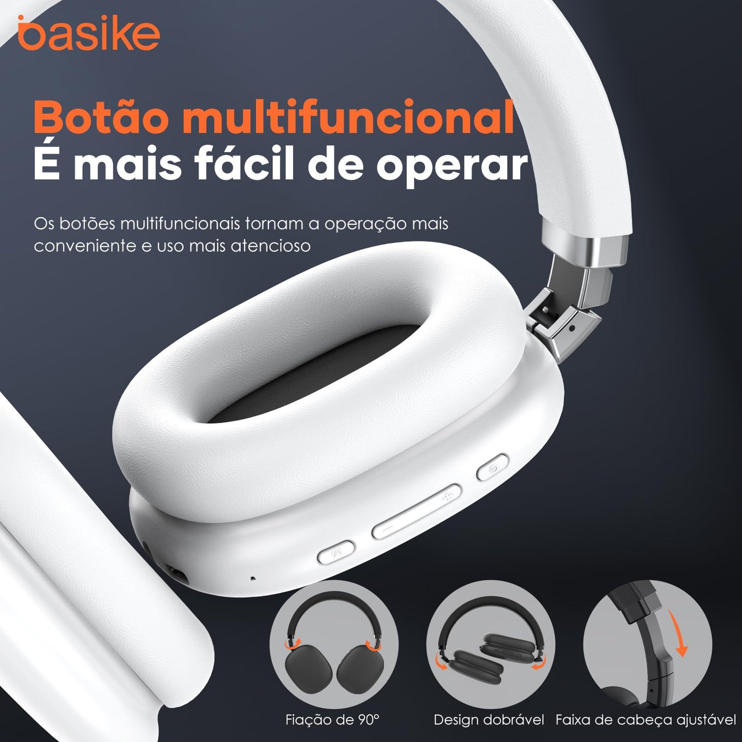 Basike Fones De Ouvido Sem Fio, Headphone Bluetooth on-ear com Microfone, ANC Cancelamento do Ruído, Até 30 Horas de Música, HQ001B (Branco)