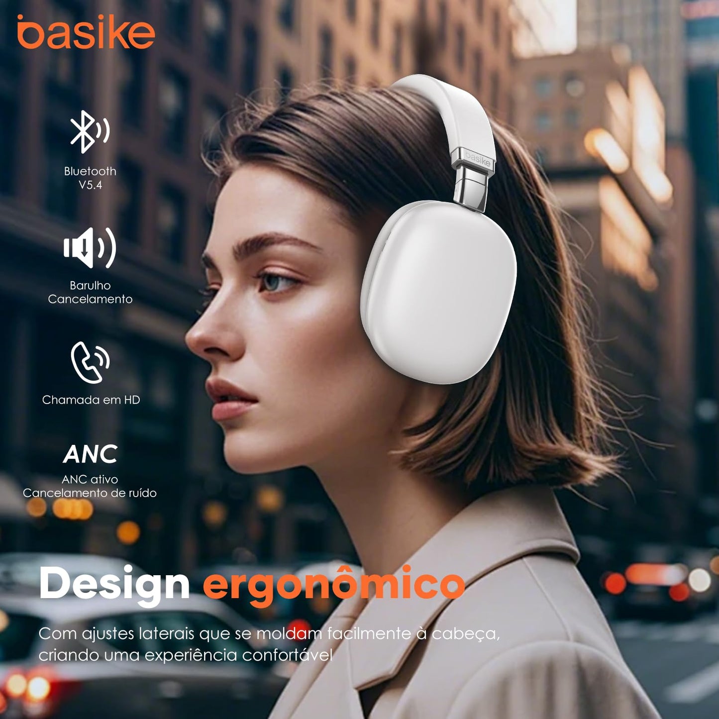 Basike Fones De Ouvido Sem Fio, Headphone Bluetooth on-ear com Microfone, ANC Cancelamento do Ruído, Até 30 Horas de Música, HQ001B (Branco)