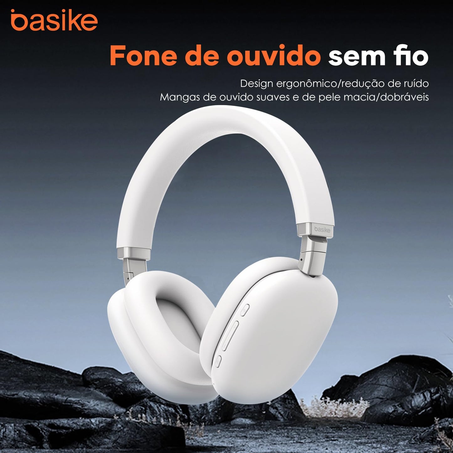 Basike Fones De Ouvido Sem Fio, Headphone Bluetooth on-ear com Microfone, ANC Cancelamento do Ruído, Até 30 Horas de Música, HQ001B (Branco)